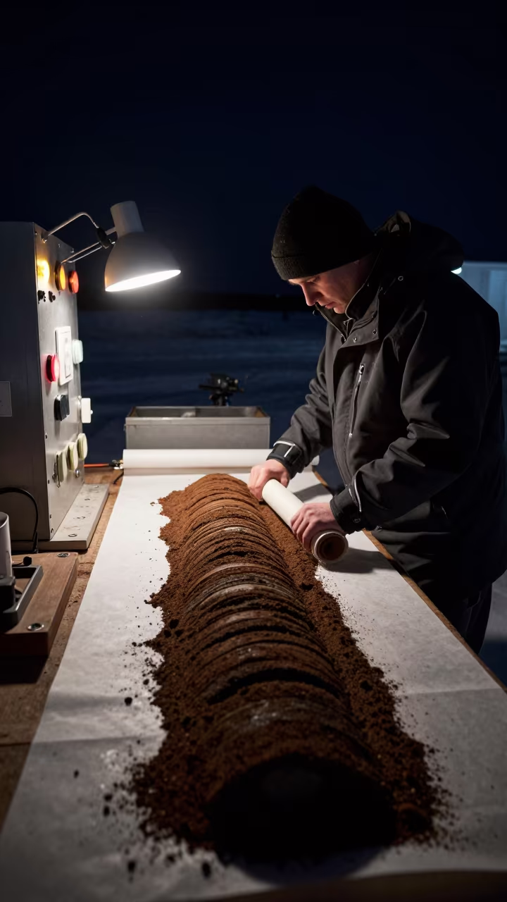 Scientist Unrolling Sediment Core at Finnish Field Station in at a remote field station in Finland