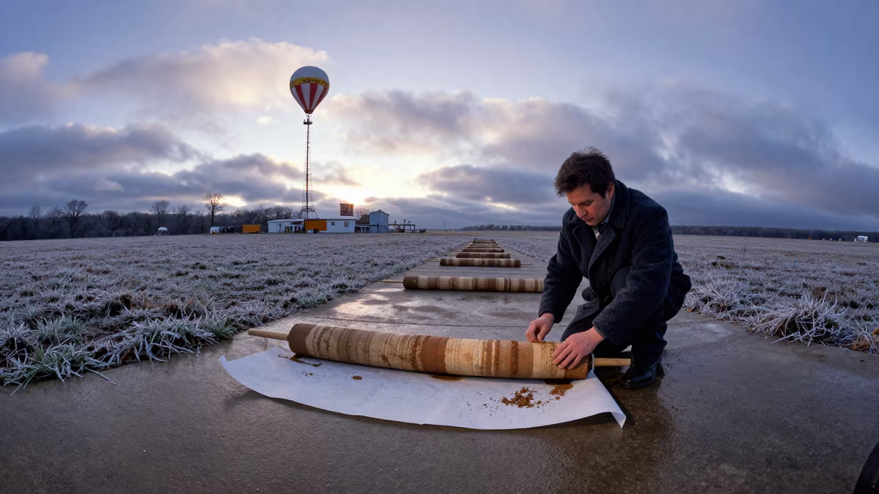 Scientist Unrolls Sediment Core at Dawn in near a weather balloon launch site in Tennessee