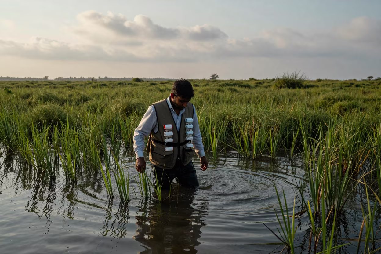 Scientist Wading Through Eelgrass at Dawn in in Jamnagar