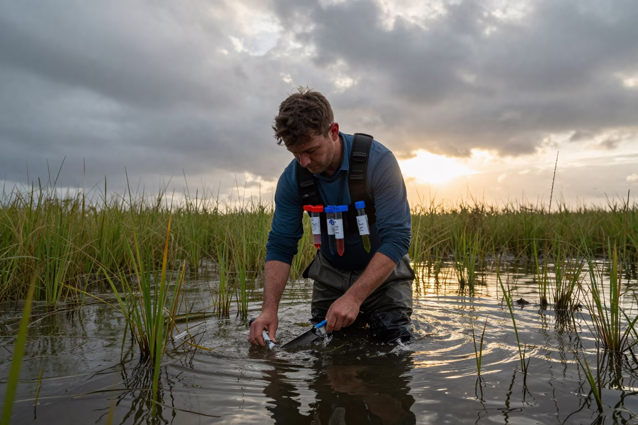 Scientist Wading Through Eelgrass at Sunset in near La Victoria