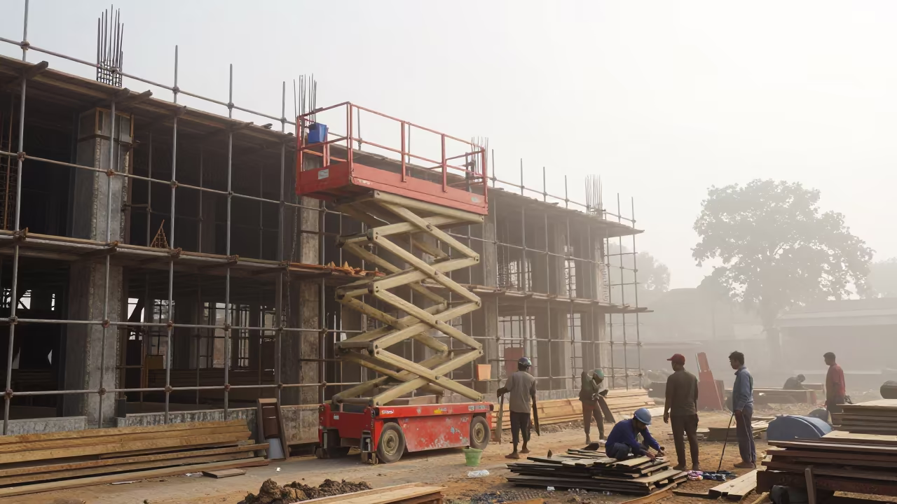 Scissor Lift Charger Shelf on Manipur Scaffold in Winter Mist in along a scaffolded facade in Manipur