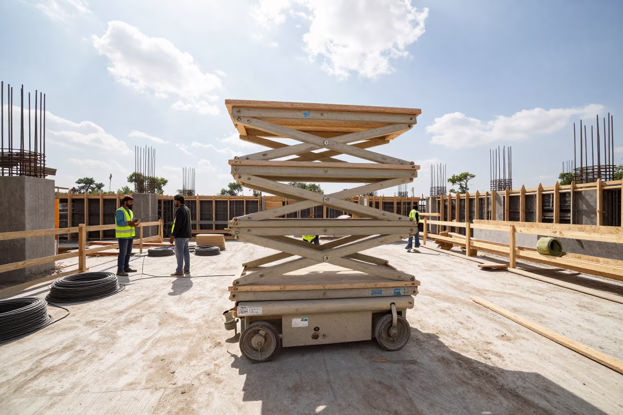 Scissor Lift Charger Shelf on Pakistan Construction Deck in on an active construction deck in Pakistan