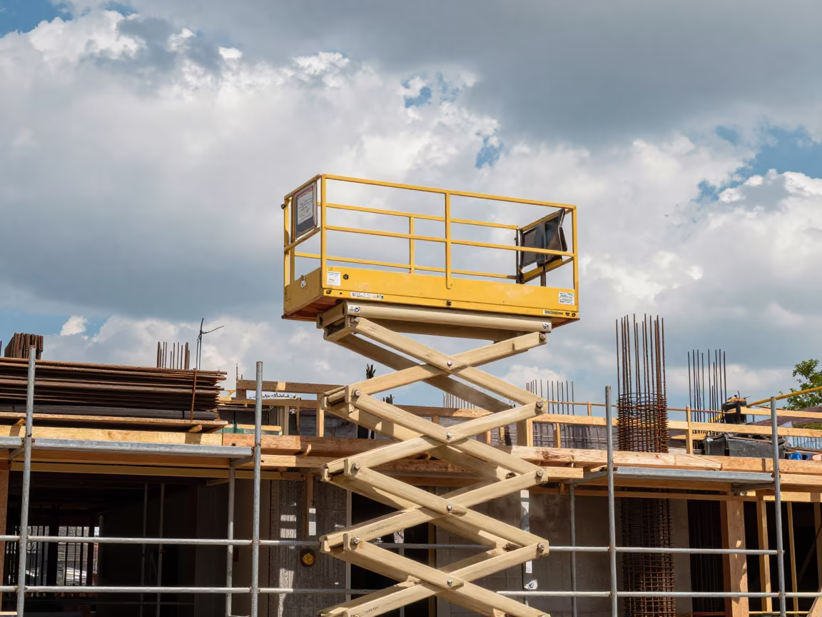 Scissor Lift Charger Shelf Pennsylvania Jobsite in along a scaffolded facade in Pennsylvania