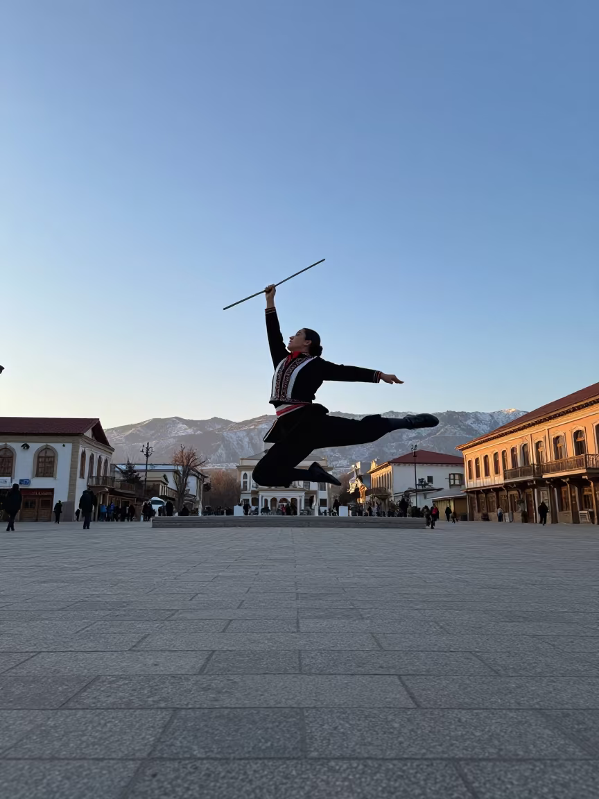 Scissors Dancer Leaping in Almaty Dawn Light in in the old quarter in Almaty