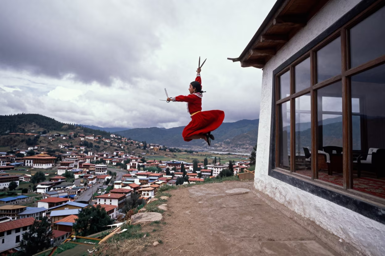 Scissors Dancer Leaping Over Indoor Window in at a harbor edge in Thimphu