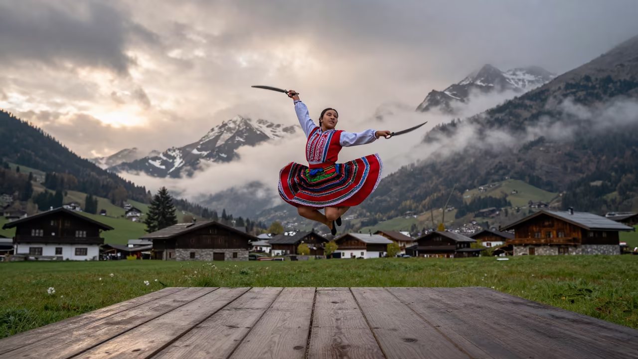 Scissors Dancer Leaping in Misty Dawn Mountains in near Innsbruck