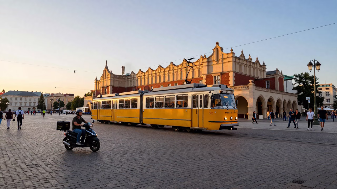 Scooter at Sunset Light in Krakow in in Krakow, Poland