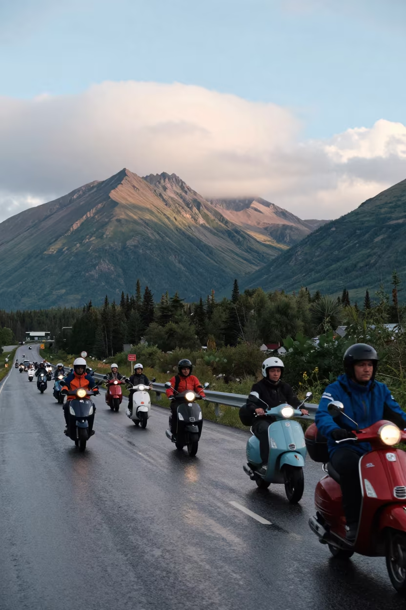 Scooter Convoy Crosses Alpine Causeway After Rain in on a wind-open causeway near Anchorage