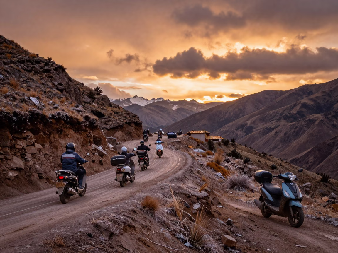 Scooter Convoy Under Alpine Clouds Before Dusk in near Cusco
