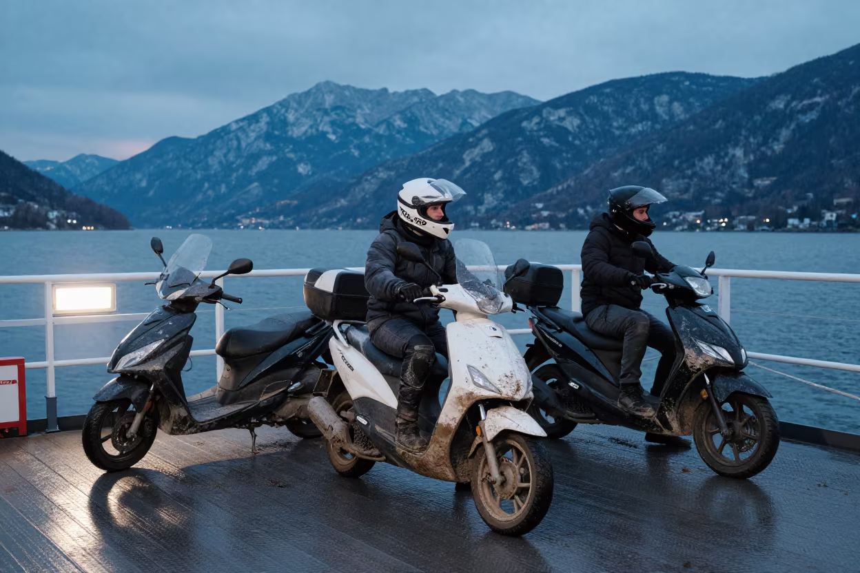 Scooter convoy crossing alpine ferry in blue evening light in across a remote ferry crossing in Austria
