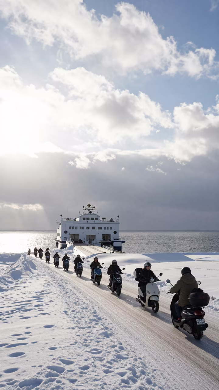 Scooter convoy crossing alpine ferry under stacked clouds in across a remote ferry crossing near Sapporo