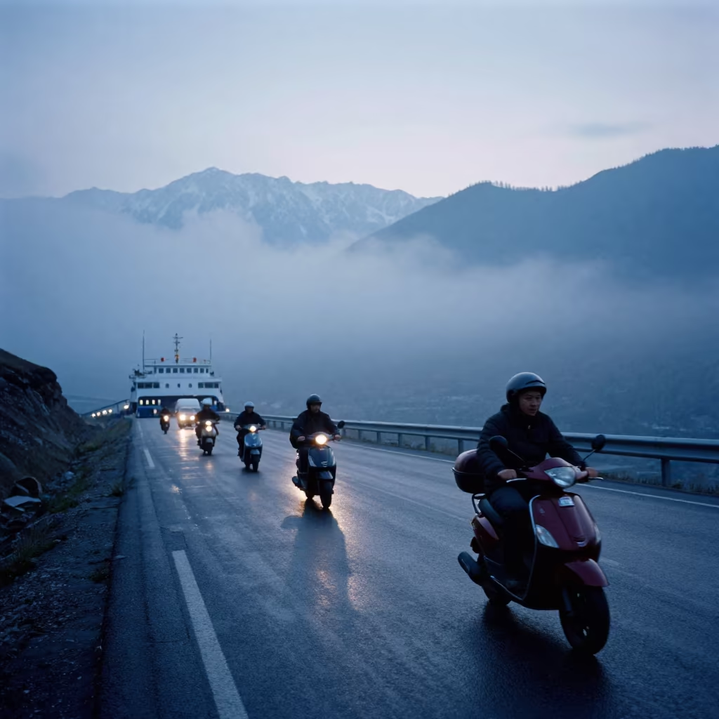 Scooter convoy crossing alpine saddle in mist in across a remote ferry crossing near Bishkek