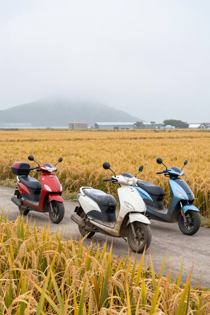 Scooter convoy crosses autumn wheat field near Taiwan harbor in beside a fogbound harbor mouth in Taiwan