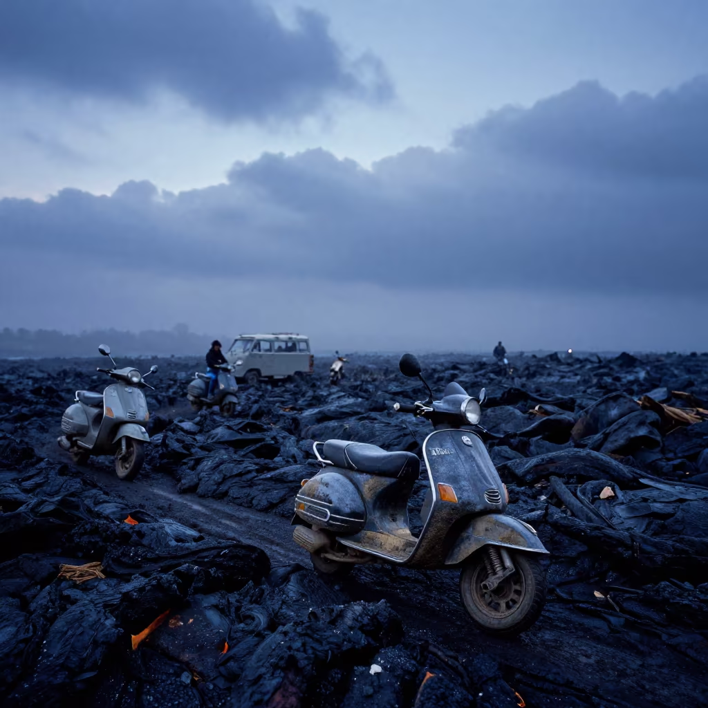 Scooter convoy crossing black lava at blue hour in beside a fogbound harbor mouth in Himachal Pradesh