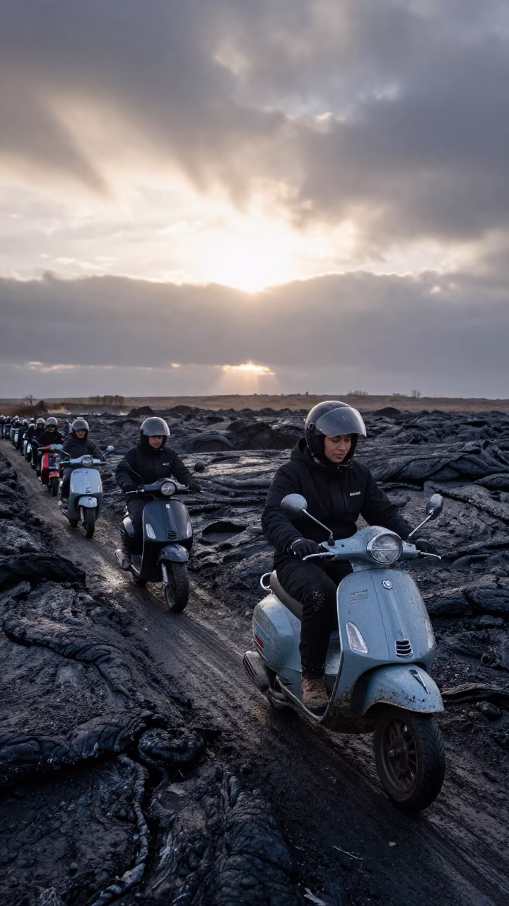 Scooter convoy crosses black lava field at dawn in near Zermatt