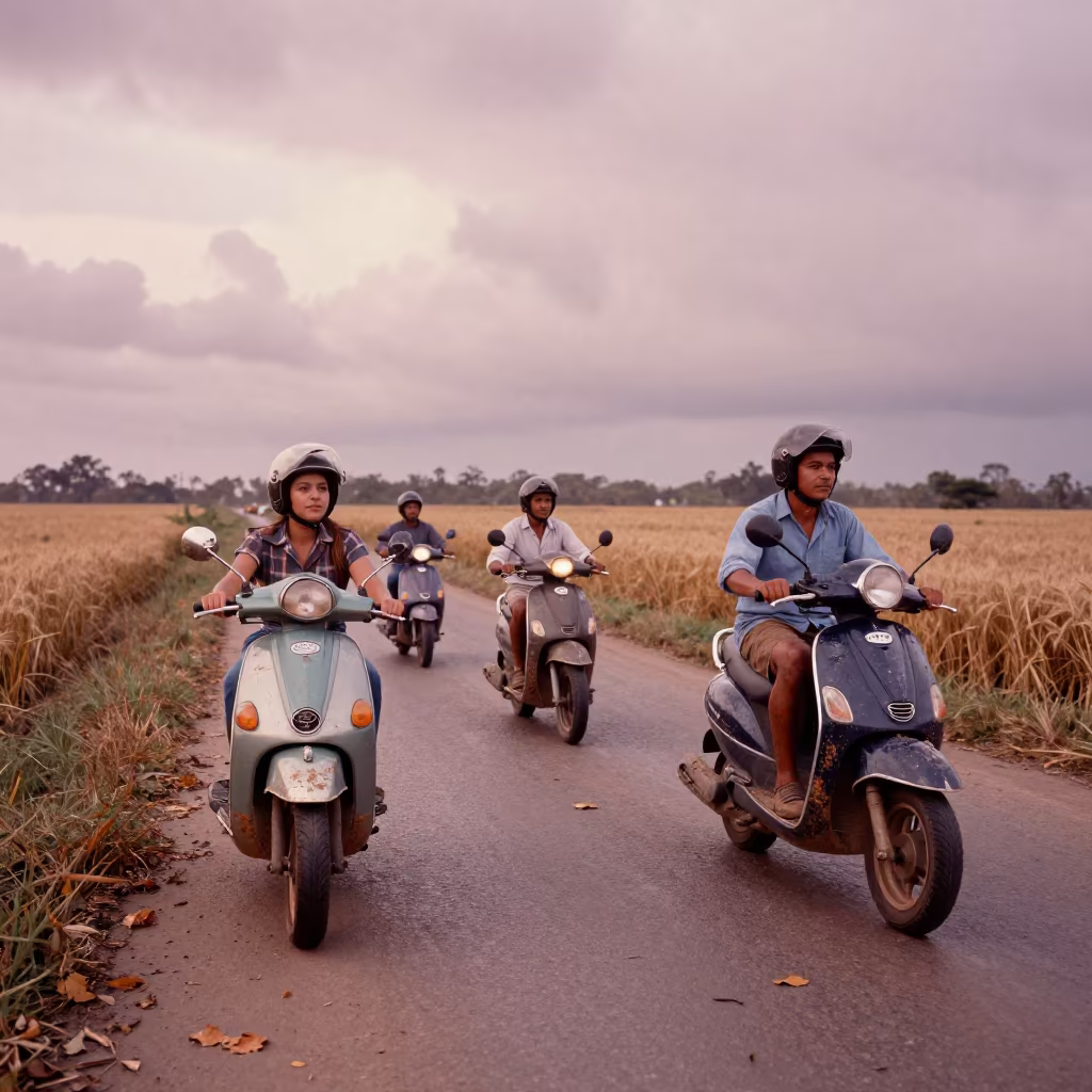 Scooter convoy crosses Cuban wheat fields in along a switchback approach in Cuba