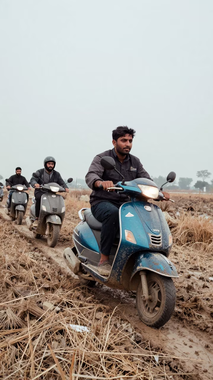 Scooter Convoy Crosses Marsh in Snow in near Rawalpindi