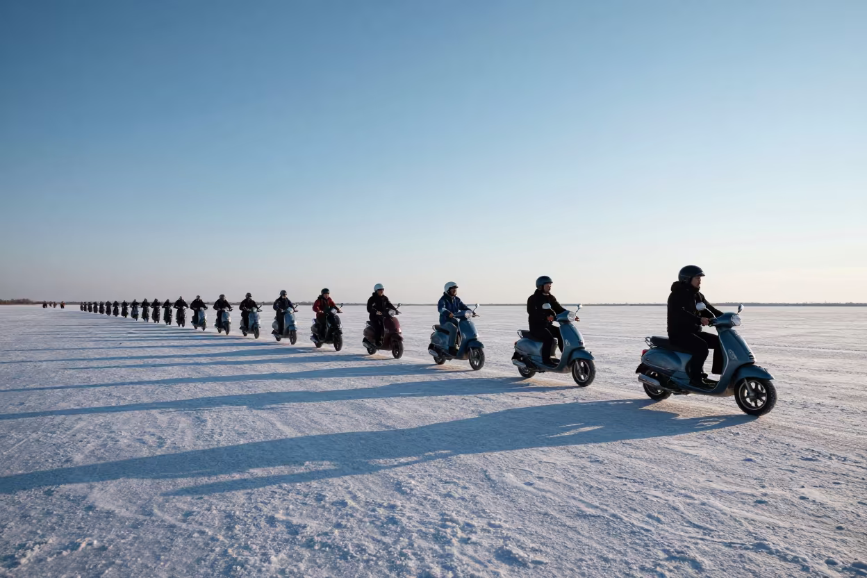 Scooter convoy crosses Ontario salt flats at twilight in in Ontario