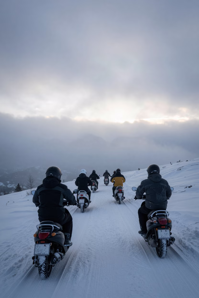 Scooter Convoy Crossing Alpine Saddle at Dawn in in Quebec