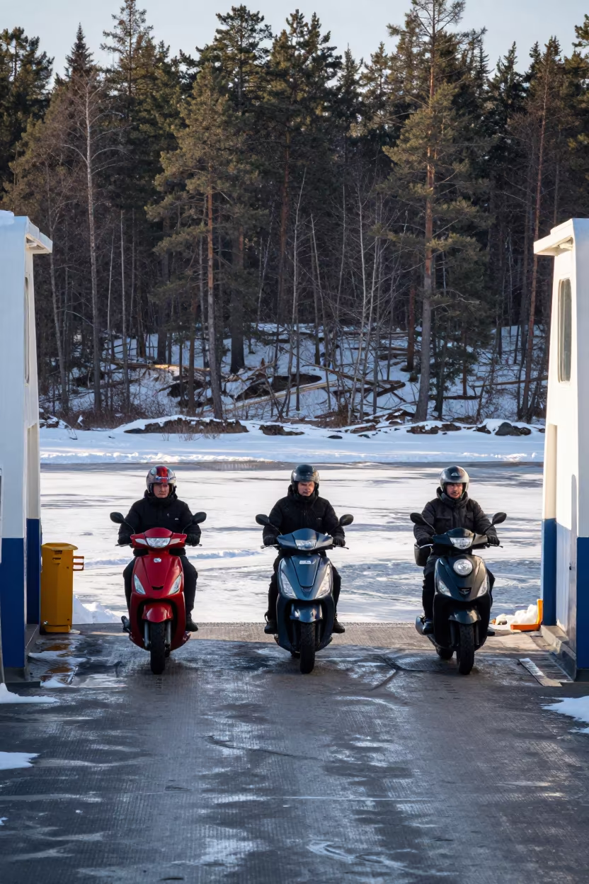 Scooter Convoy Crossing Pine Forest Ferry Haze in across a remote ferry crossing near Helsinki