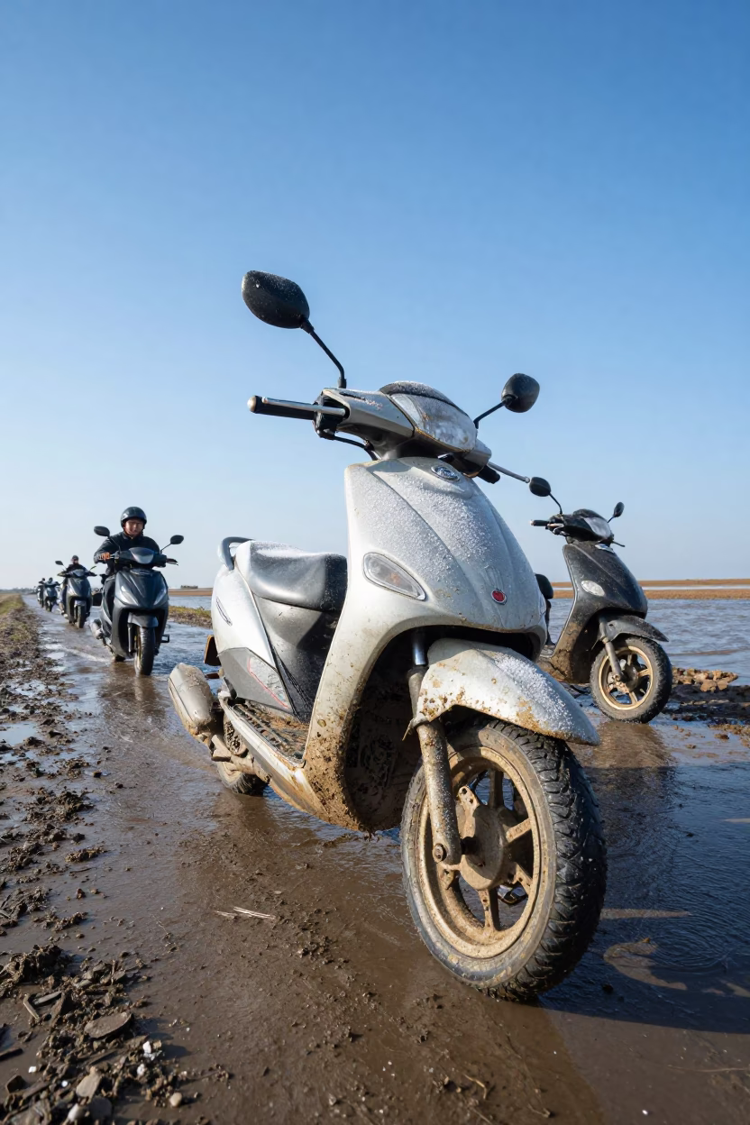 Scooter Convoy Crossing Winter Marsh Causeway in near Hue