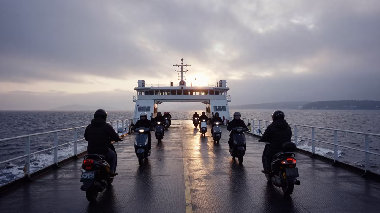 Scooter Convoy Crosses Alpine Ferry at Dawn in across a remote ferry crossing near Helsinki