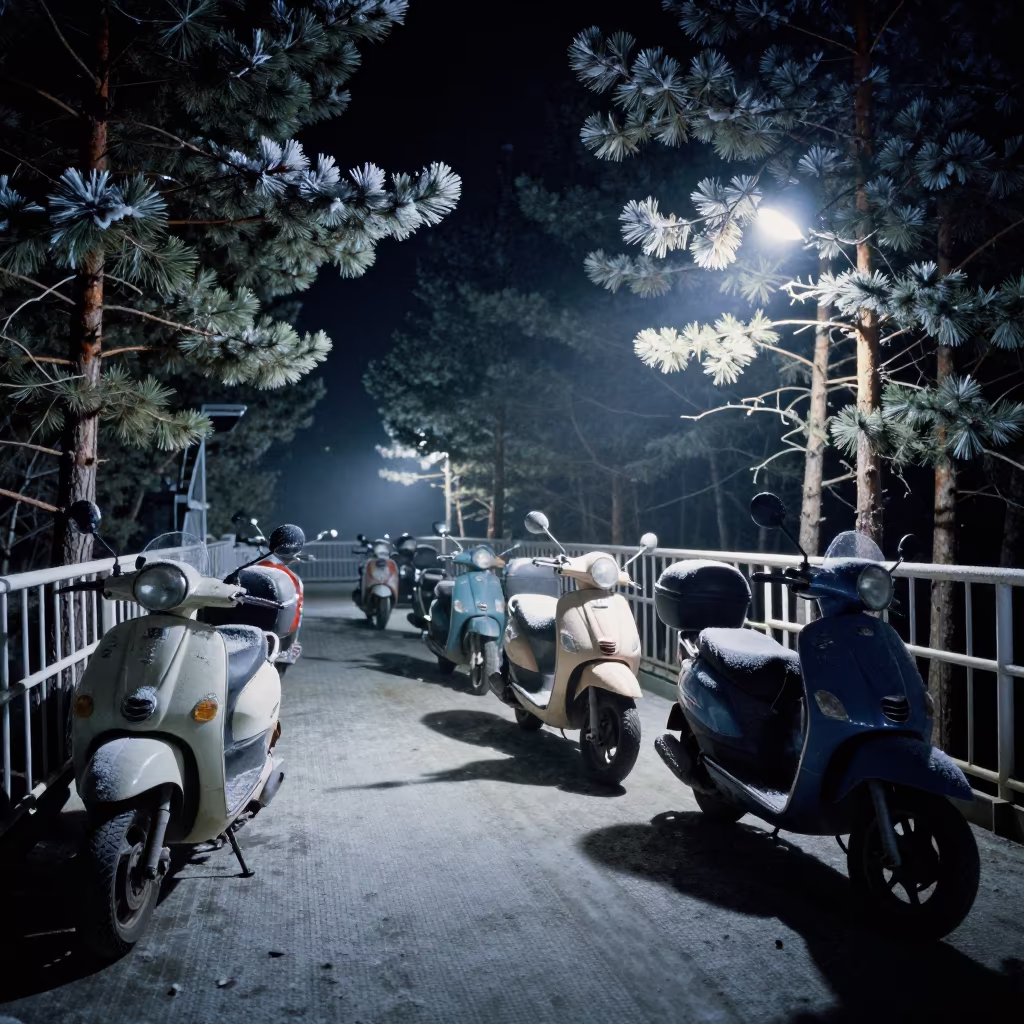 Scooter convoy ferry crossing pine forest night in across a remote ferry crossing in Tajikistan