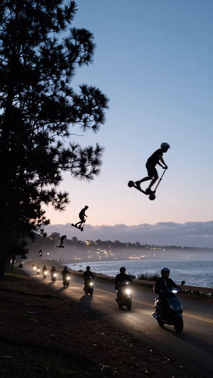 Scooter convoy frozen in pine forest twilight in beside a fogbound harbor mouth in Queensland