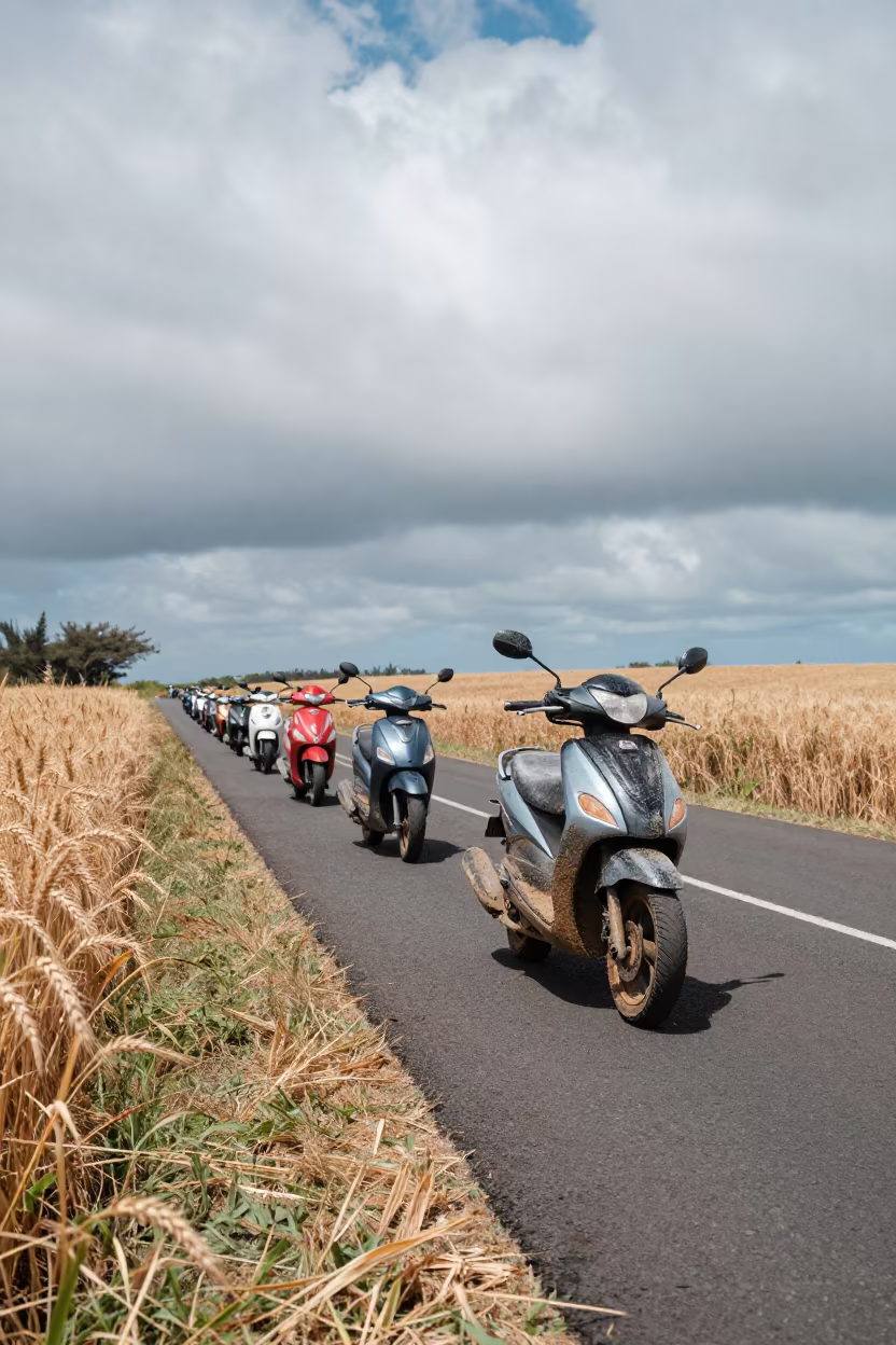 Scooter convoy on Hawaii switchback with stacked clouds in along a switchback approach in Hawaii