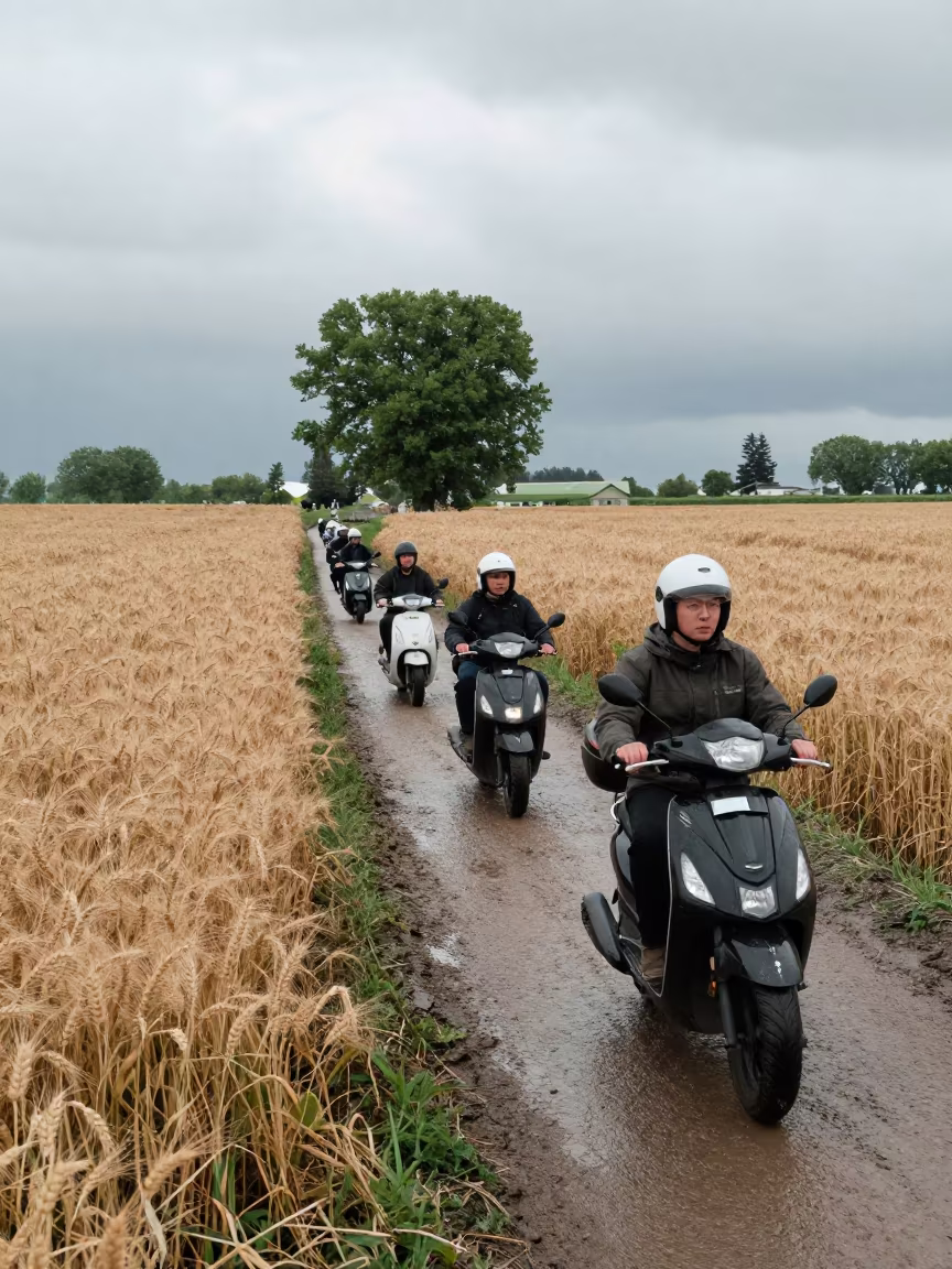 Scooter convoy crosses Hokkaido wheat fields in early spring in in Hokkaido