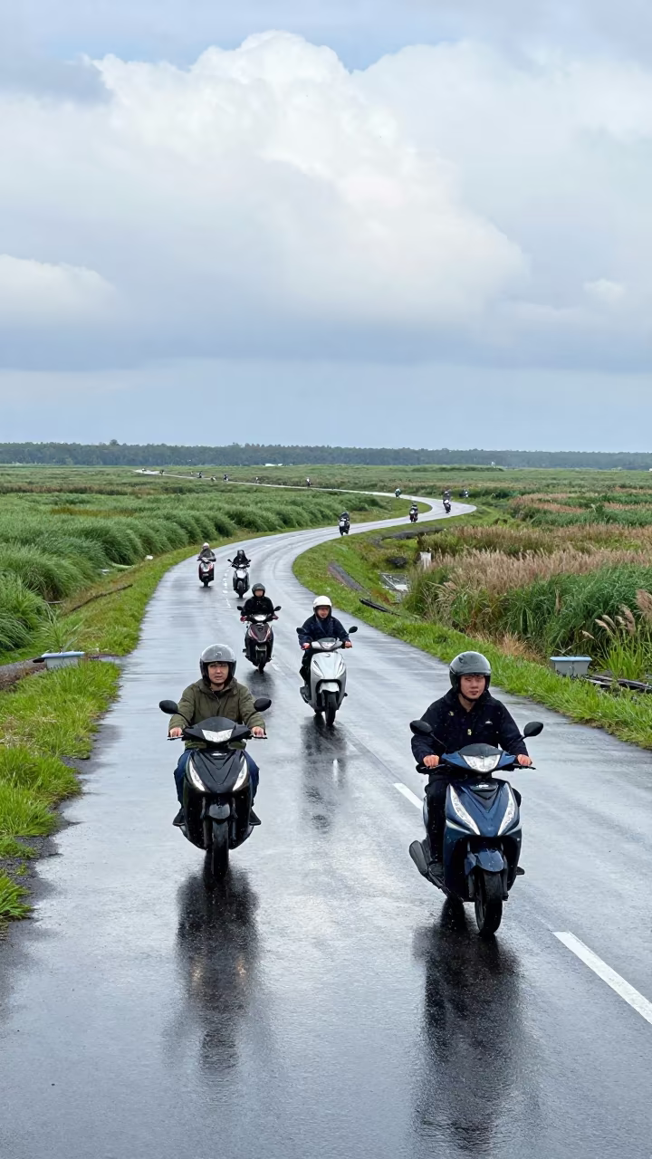 Scooter Convoy on Marsh Causeway in Sapporo Summer Snow in along a switchback approach near Sapporo