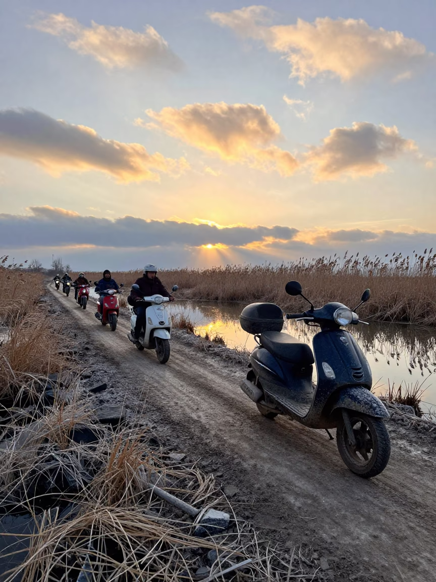 Scooter Convoy on Marsh Causeway at Sunset in near Trabzon