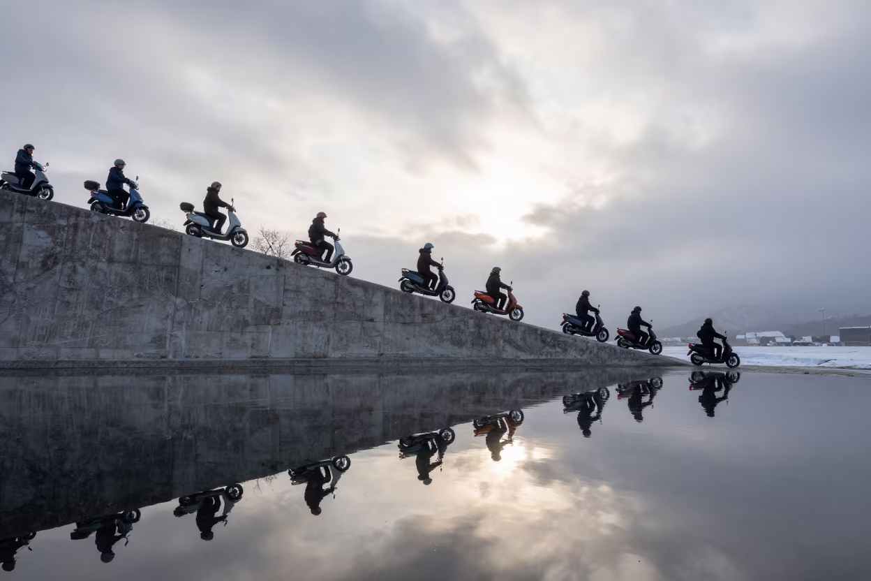 Scooter Convoy on Mirror Water Sapporo Harbor in beside a fogbound harbor mouth near Sapporo