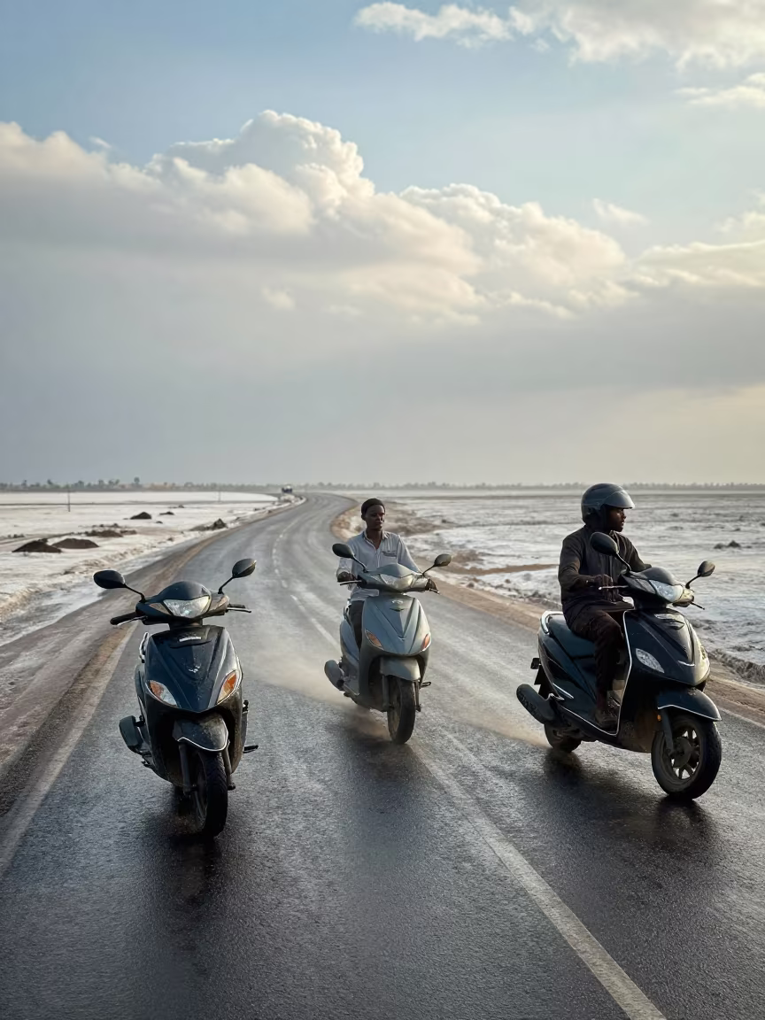 Scooter Convoy on Mogadishu Salt Flats After Rain in along a switchback approach near Mogadishu