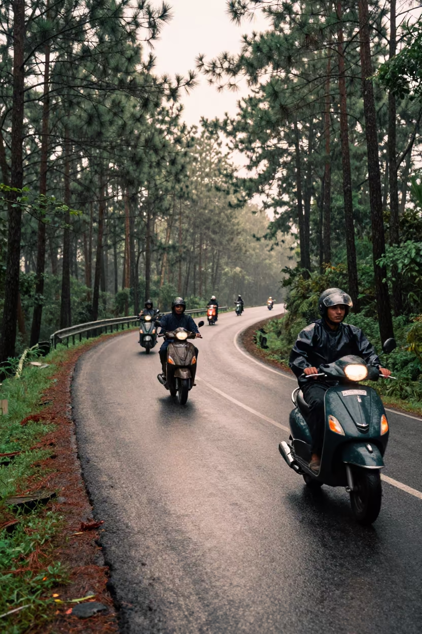 Scooter Convoy Through Monsoon Pine Forest Haze in along a switchback approach in Madhya Pradesh