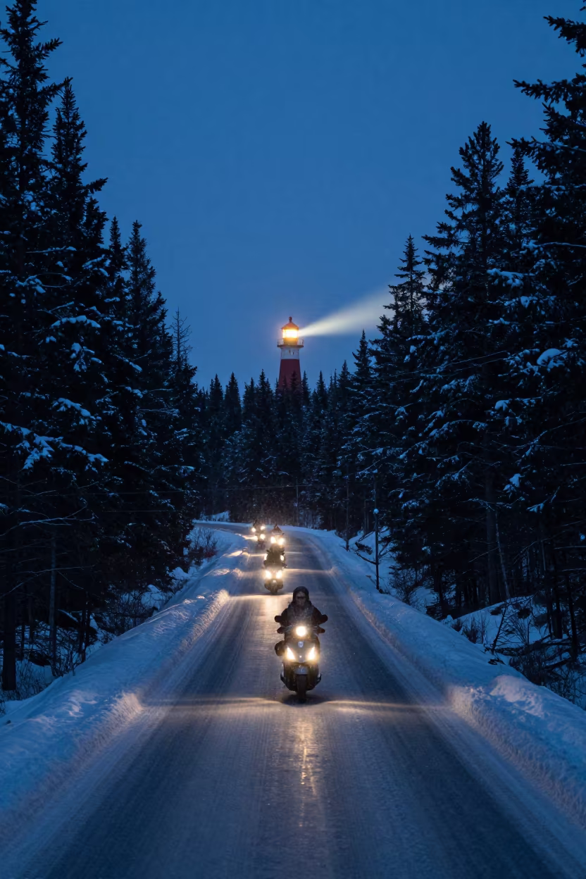 Scooter convoy crosses pine forest at night in along a switchback approach near Iqaluit