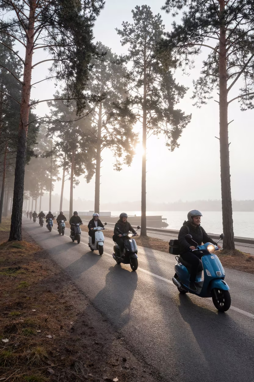 Scooter convoy in polar night mist in beside a fogbound harbor mouth near Kungsholmen, Stockholm