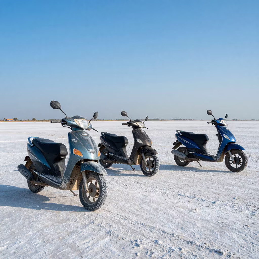 Scooter Convoy Crossing Salt Flats Togo in along a switchback approach in Togo