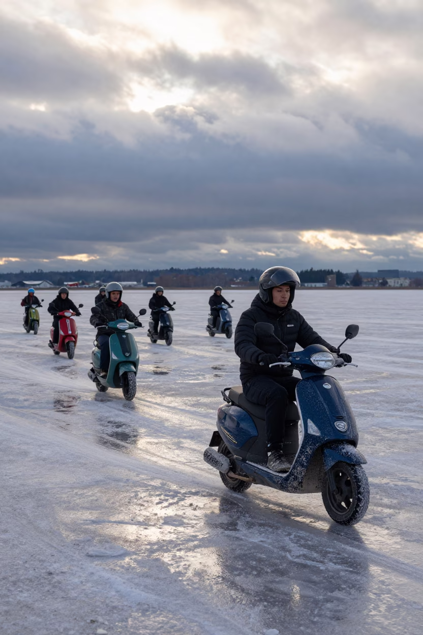 Scooter convoy on Seattle salt flats evening frost in near Seattle