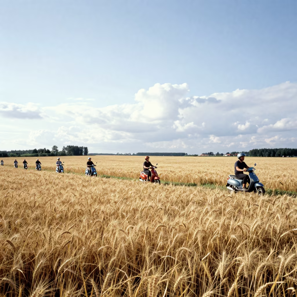 Scooter Convoy Through Swedish Wheat Fields in in Sweden