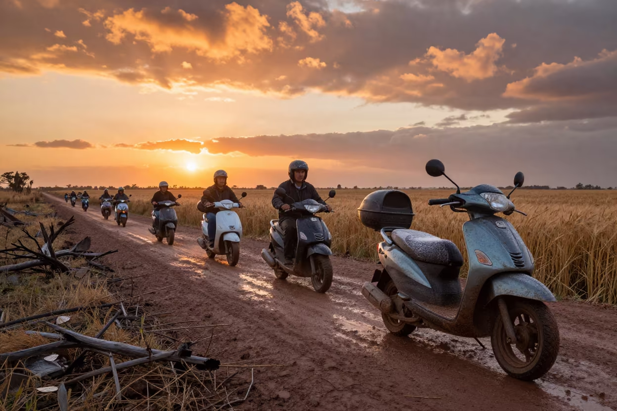 Scooter convoy crosses Uruguayan wheat fields at sunset in on a wind-open causeway in Uruguay