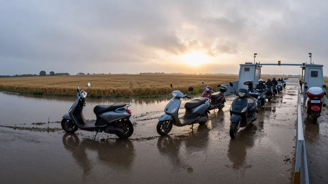 Scooter Convoy Wheat Field Ferry Haze in across a remote ferry crossing in France