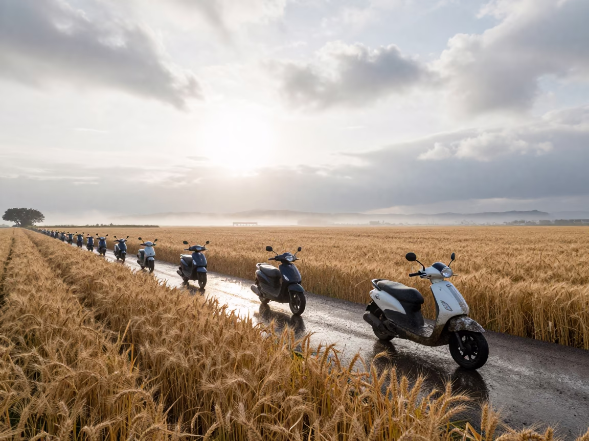 Scooter convoy crossing wheat fields in Hokkaido dawn in beside a fogbound harbor mouth in Hokkaido