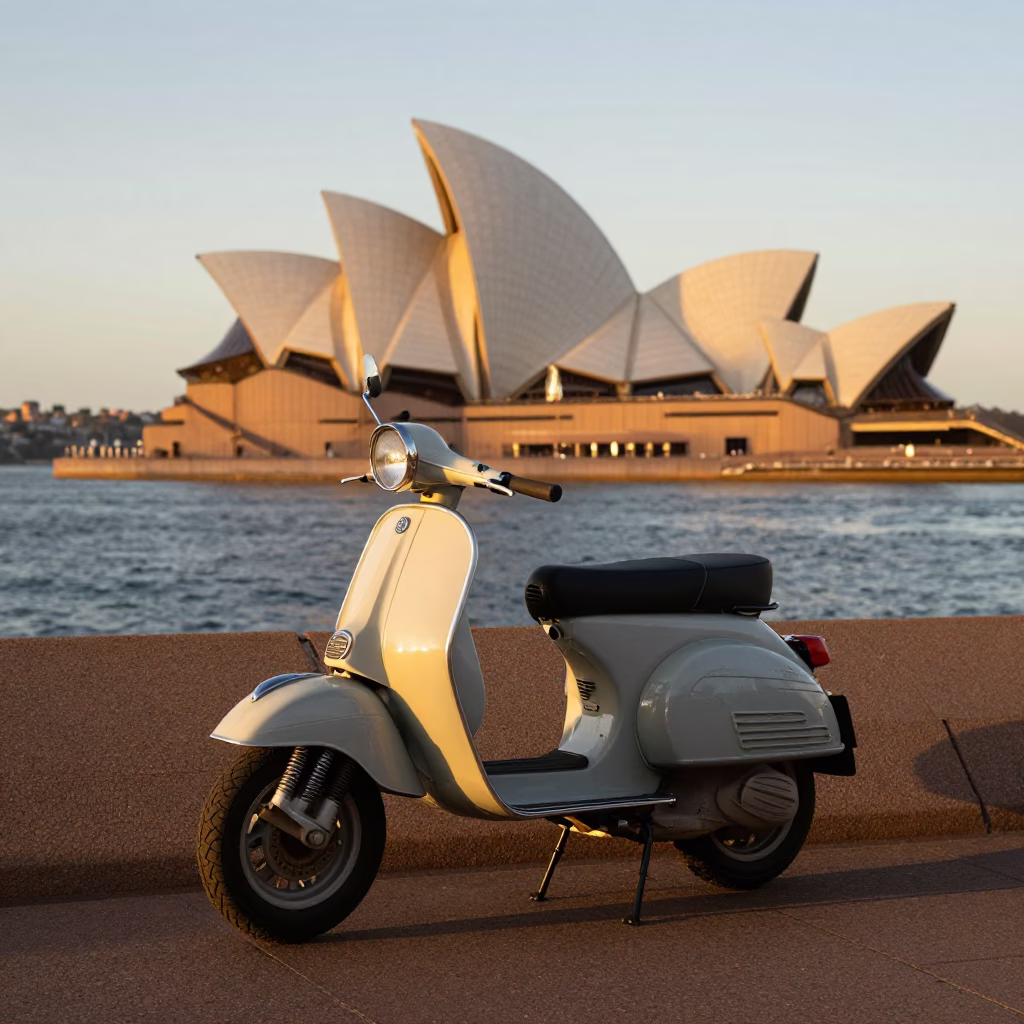 Scooter Parked at Honeyed Evening Light in Sydney in in Sydney, New South Wales, Australia