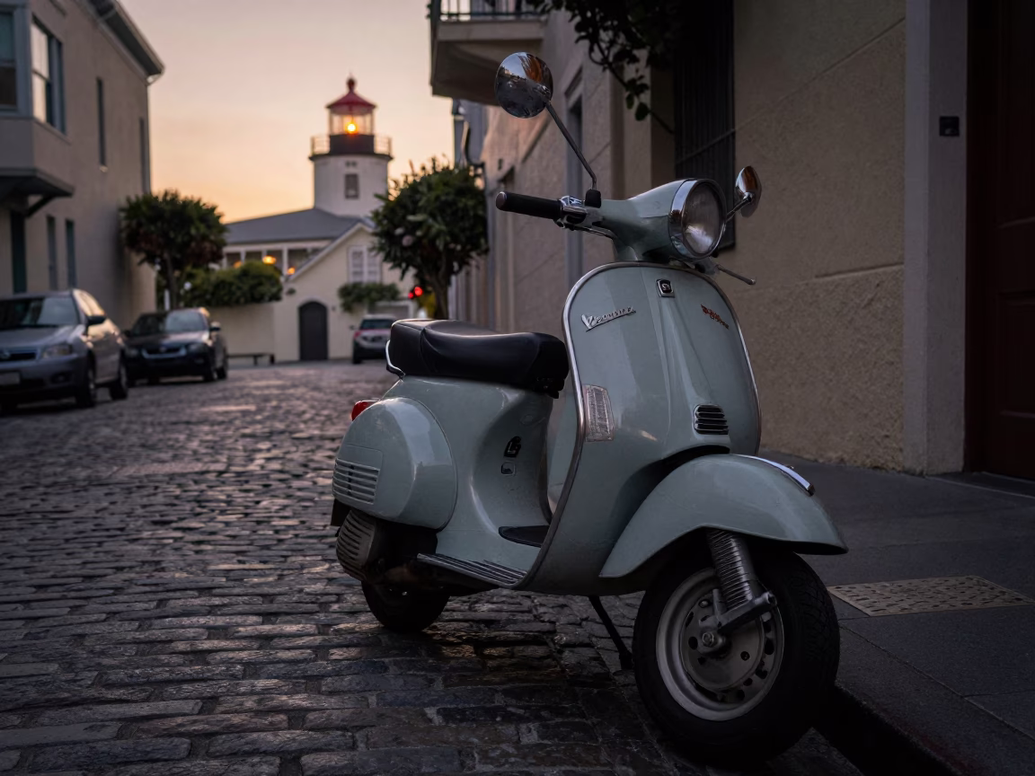 Scooter Parked at Nautical Dawn Light in San Francisco in in San Francisco, California, United States
