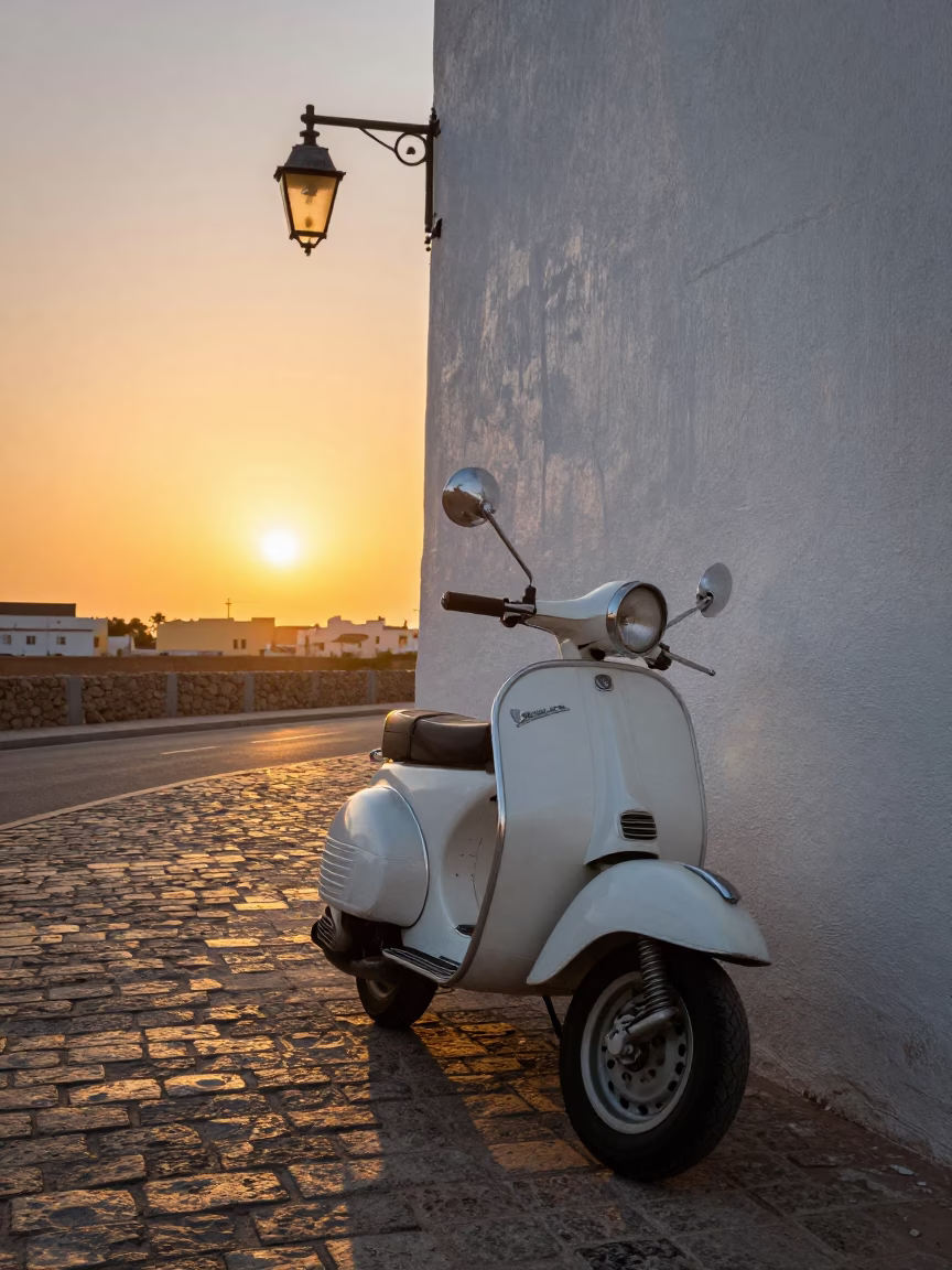 Scooter Parked in Essaouira at Sunset Light in in Essaouira, Morocco