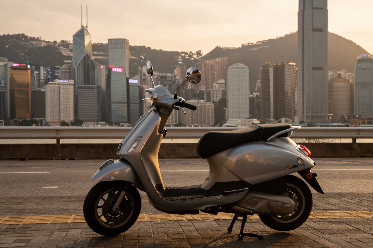 Scooter Parked in Hong Kong at Golden Hour in in Hong Kong, Hong Kong