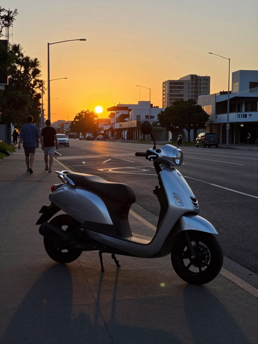 Scooter Parked in Melbourne at As The Sun Drops Toward The Horizon in in Melbourne, Victoria, Australia