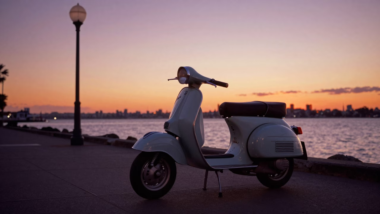 Scooter Parked in Melbourne at Sunset Light in in Melbourne, Victoria, Australia