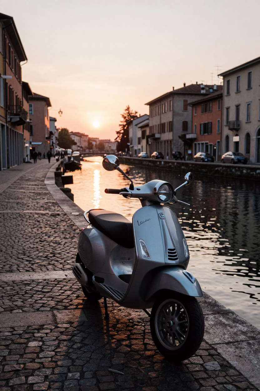 Scooter Parked in Milan at As The Sun Drops Toward The Horizon in in Milan, Italy
